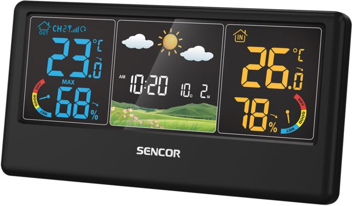 Метеостанція Sencor, внутр/зовн вимірювання, темп-ра, вологість, час, прогноз погоди, чорний