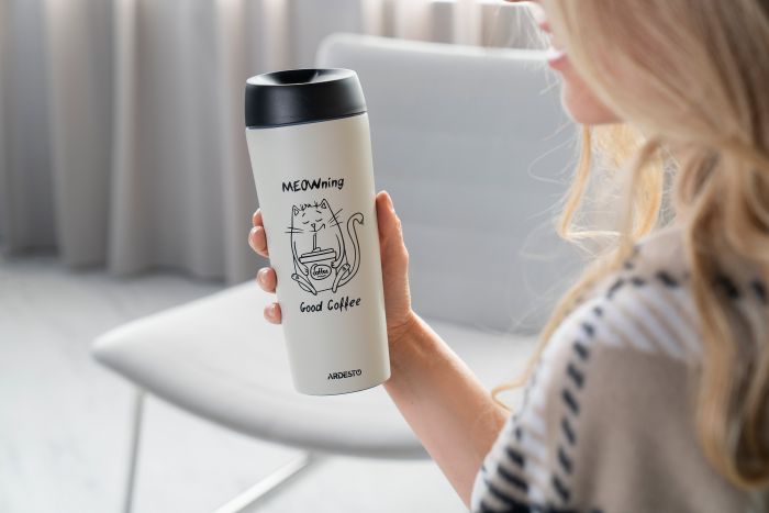 Термокухоль ARDESTO Coffee Time Meowning, 450мл, нержавіюча сталь, бежевий