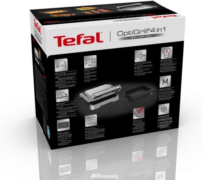 Гриль Tefal прижимний OptiGrill 4in1 Inox, 2100Вт, темп. режимів-4, з`ємні пластини, метал