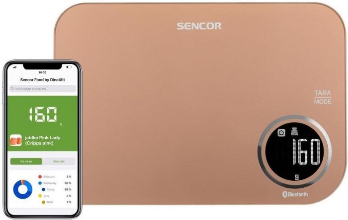 Ваги Sencor кухонні, 5кг, підкл. до смартфону, 2хААА , пластик, золотий