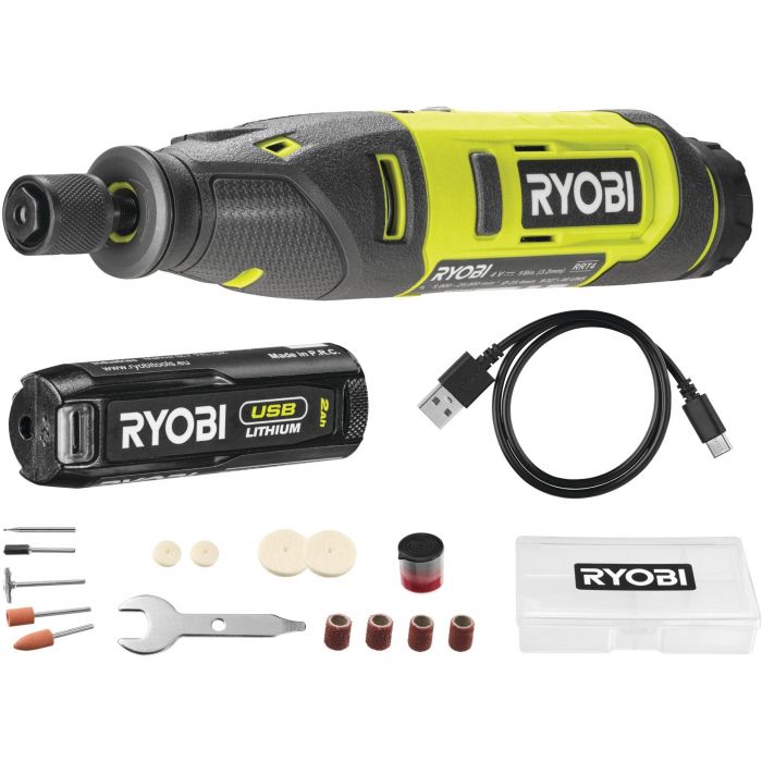 Шліфмашина пряма Ryobi RRT4-120GA15, 4В USBLIthium, АКБ 1х2А•год, набір аксусуарів