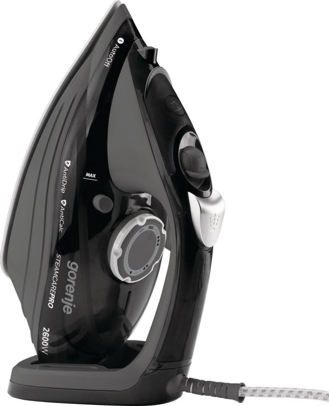 Праска Gorenje, 2600Вт, 350мл, паровий удар 95гр, верт. відпарювання, антинакип, автовідключення, керам. підошва, сіро-чорний
