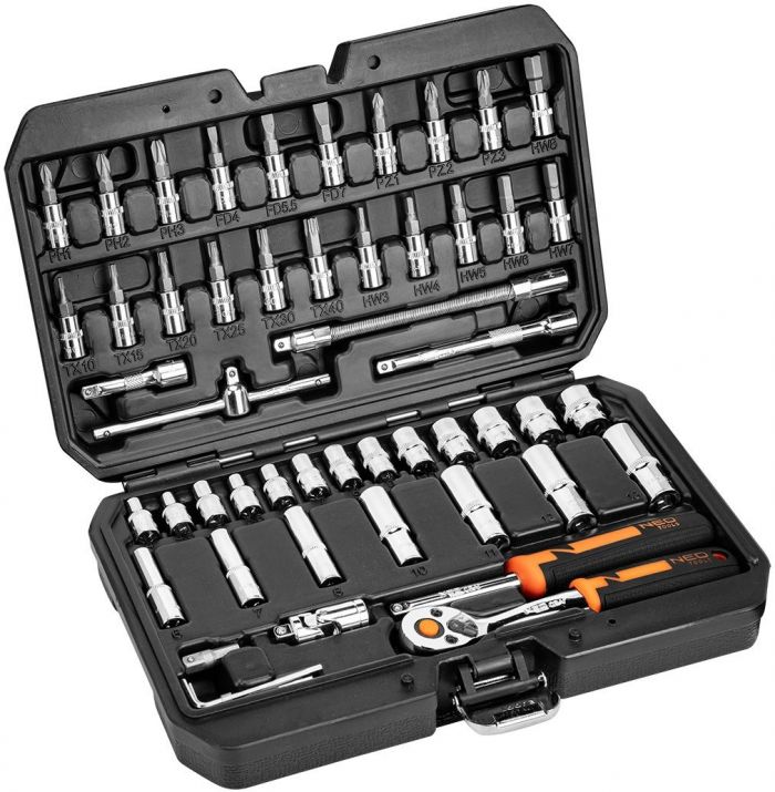 Набір інструментів Neo Tools, Набір торцевих головок, 53шт, 1/4", CrV, кейс