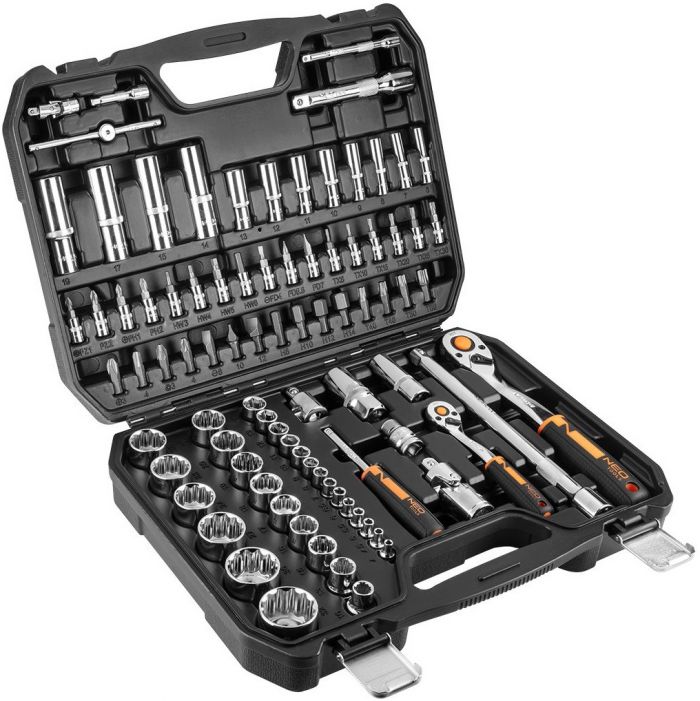 Набір інструментів Neo Tools, Набір торцевих головок, 86шт, 1/2", 1/4", CrV, кейс