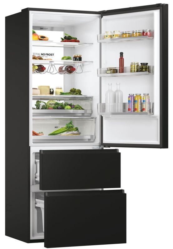 Холодильник Haier багатодверний, 200.6x70х67.5, холод.відд.-343л, мороз.відд.-140л, 3дв., А++, NF, інв., дисплей, зона нульова, чорний