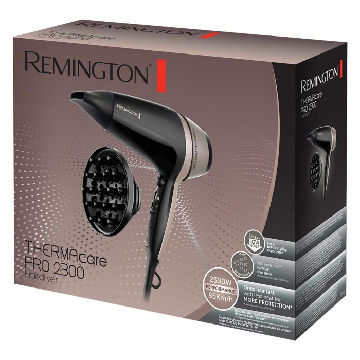 Фен Remington Thermacare Pro, 2100Вт, 3 режими, дифузор,турмалінова  іоніз-я, хол. обдув, чорно-коричневий