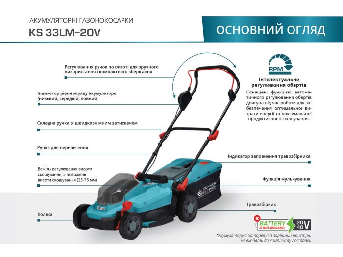 Газонокосарка акумуляторна Konner&Sohnen KS 33LM-20V 20В 33см 30л 25-75мм 14кг (без АКБ та ЗП)