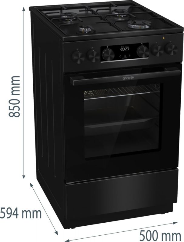Плита Gorenje комбінована, 62л, 50x60см, дисплей, програматор, приготування на пару, емальовані реш, чорний