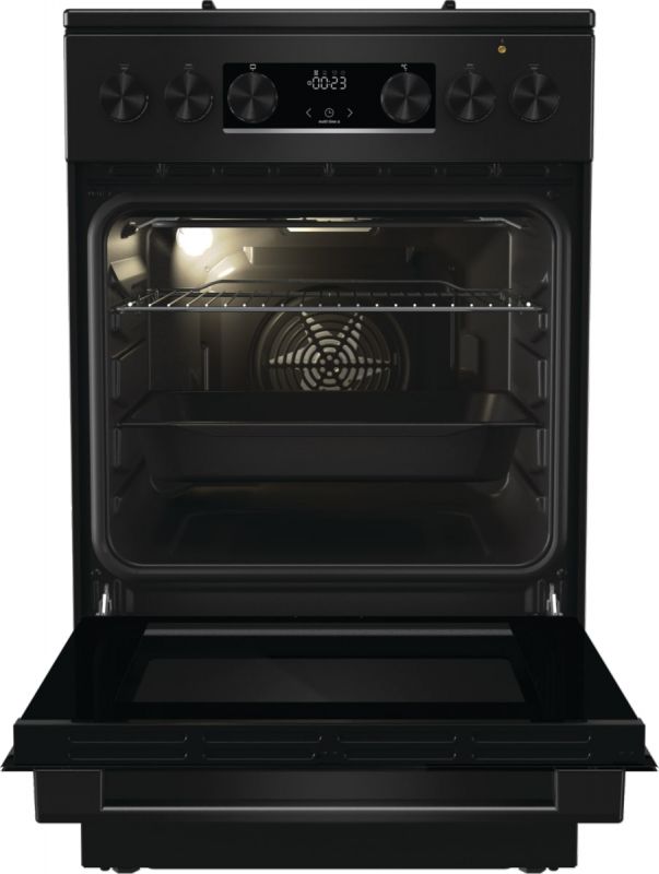 Плита Gorenje комбінована, 62л, 50x60см, дисплей, програматор, приготування на пару, емальовані реш, чорний