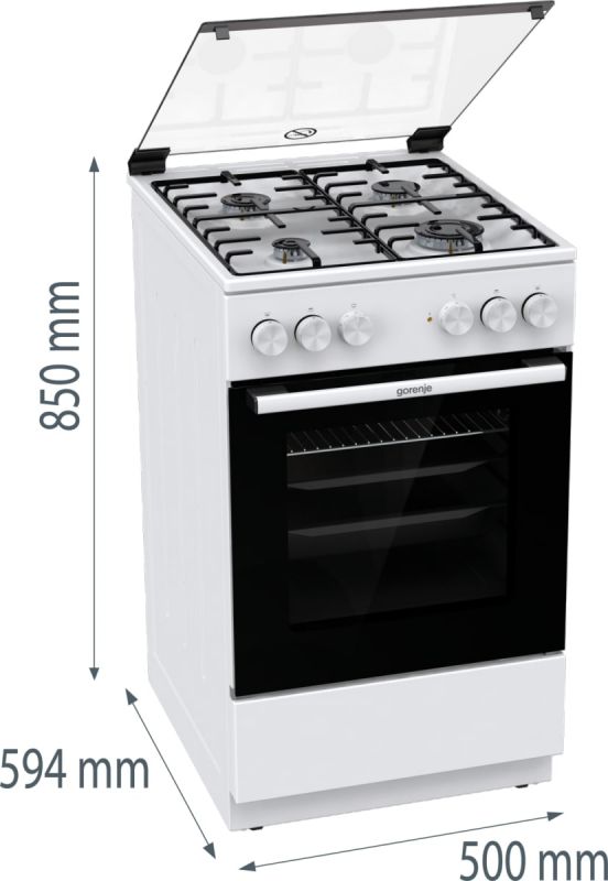 Плита Gorenje комбінована, 62л, 50x60см, газ-контроль, емальовані, білий