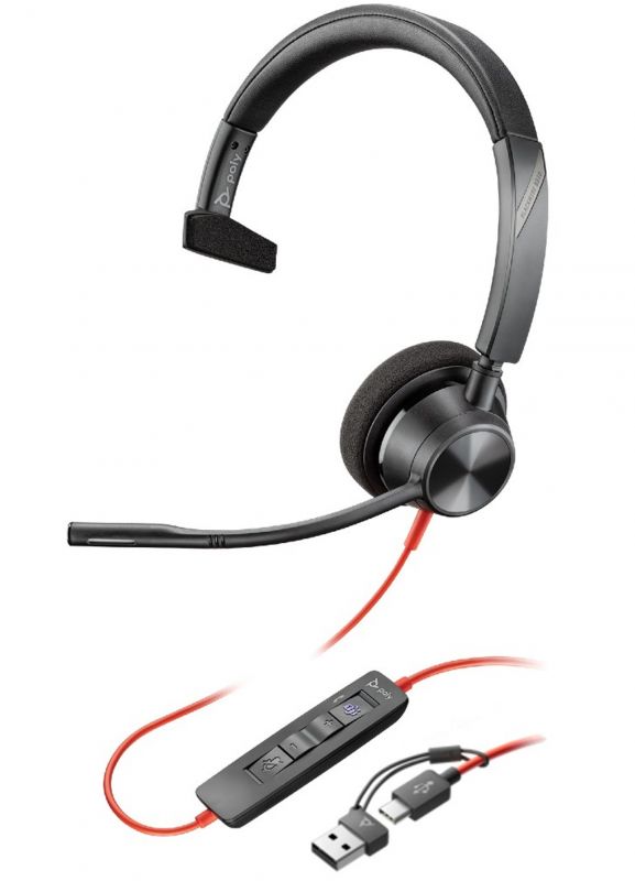 Гарнітура комп'ютерна моно On-ear Poly Blackwire 3310-M, USB-A, USB-C, всеспрямований, Microsoft Teams, чорний