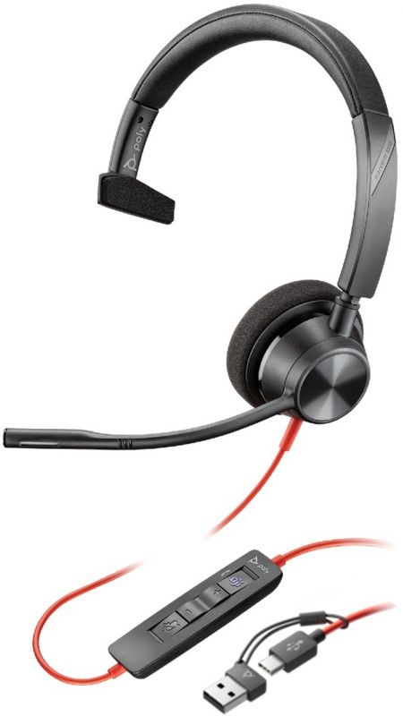 Гарнітура комп'ютерна моно On-ear Poly Blackwire 3310-M, USB-A, USB-C, всеспрямований, Microsoft Teams, чорний