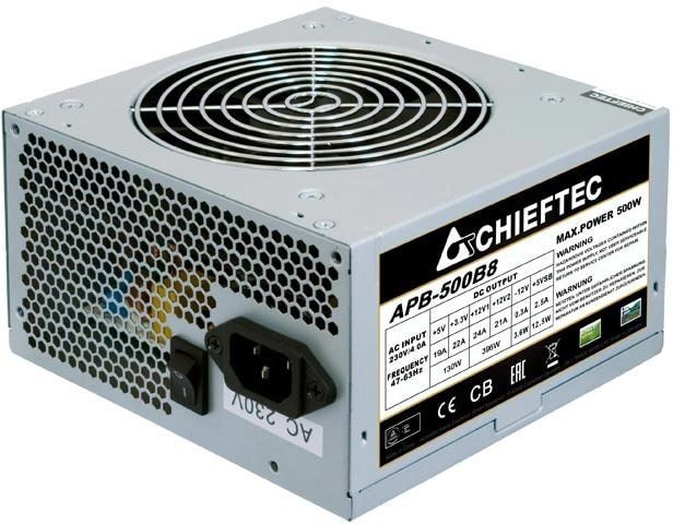 Блок живлення CHIEFTEC Value  (500W), >80%, 80+ White(230V Only), 120мм, 1xMB 24pin(20+4), 1xCPU 8pin(4+4), 2xMolex, 3xSATA, 1xPCIe 8pin(6+2), Bulk
