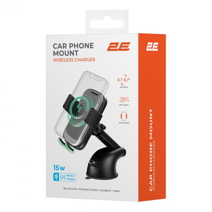 Автомобільний тримач смартфона 2Е автоматичний/бездротова зарядка 4.7-7", чорний