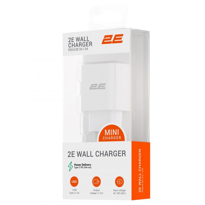Зарядний пристрій мережевий 2E 20Вт USB-C PD, білий