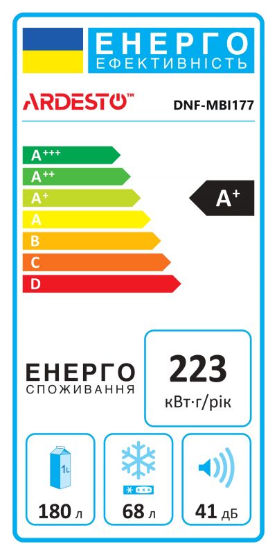 Холодильник ARDESTO вбуд. з нижн. мороз., 177x54.5x54, xолод.відд.-180л, мороз.відд.-68л, 2дв., А+, NF, білий
