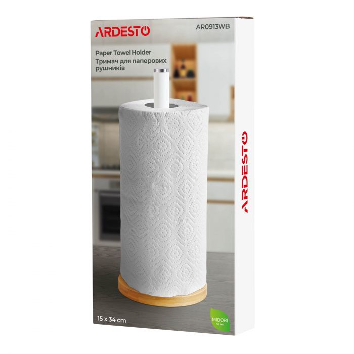 Тримач для паперових рушників ARDESTO Midori 15х34см, метал, бамбук, білий