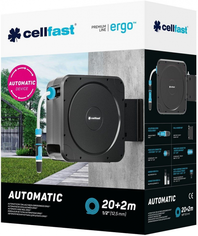 Котушка зі шлангом Cellfast ERGO автоматична 20м+2м шланга 1/2" комплект конекторів та зрошувач ERGO