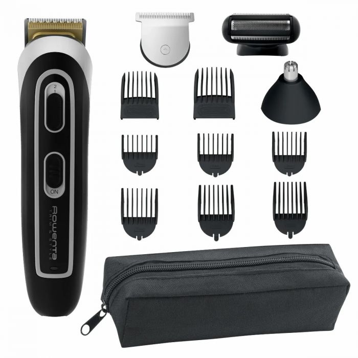 Тример Rowenta Trim & Style, для бороди, вусів, голови и тіла, мережа+акум., роторний мотор, насадок-11, чохол, титан.напил., чорно-сріблястий