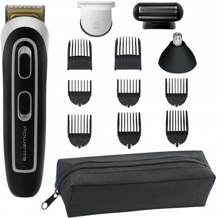 Тример Rowenta Trim & Style, для бороди, вусів, голови и тіла, мережа+акум., роторний мотор, насадок-11, чохол, титан.напил., чорно-сріблястий