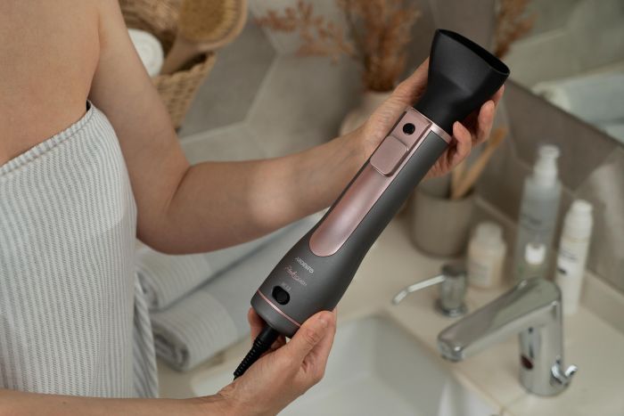 Фен-щітка ARDESTO Brush Pink Touch, 1200Вт, 2 швидкості, 2 темп. режими, LED-дисплей, функція іонізації , 4 насадки, сірий+ рожевий