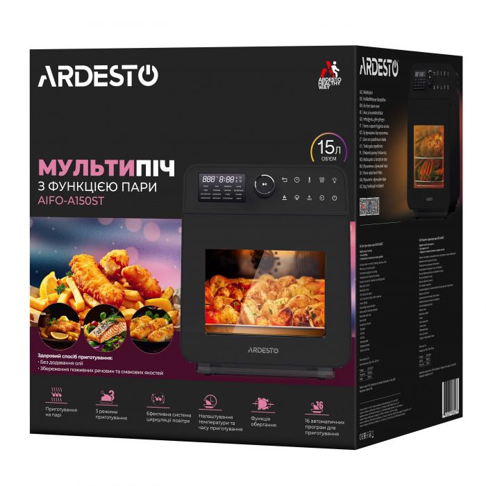 Мультипіч ARDESTO, 2250Вт, об'єм-15л, сенсорне керування, функція приготування на пару, 40-220°C, метал/пластик, біло-чорний