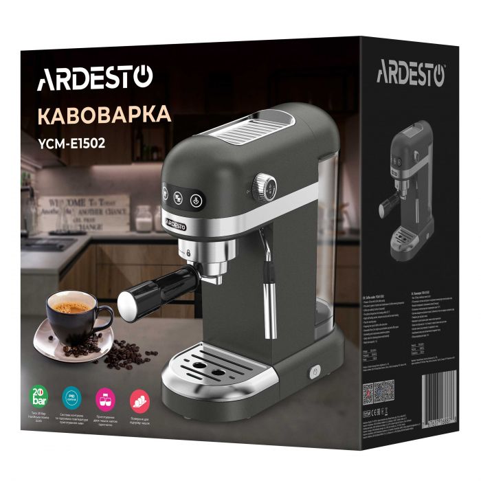 Кавоварка ARDESTO ріжкова 1.4л, мелена, ручний капучинатор, підігрів чашок, чорний
