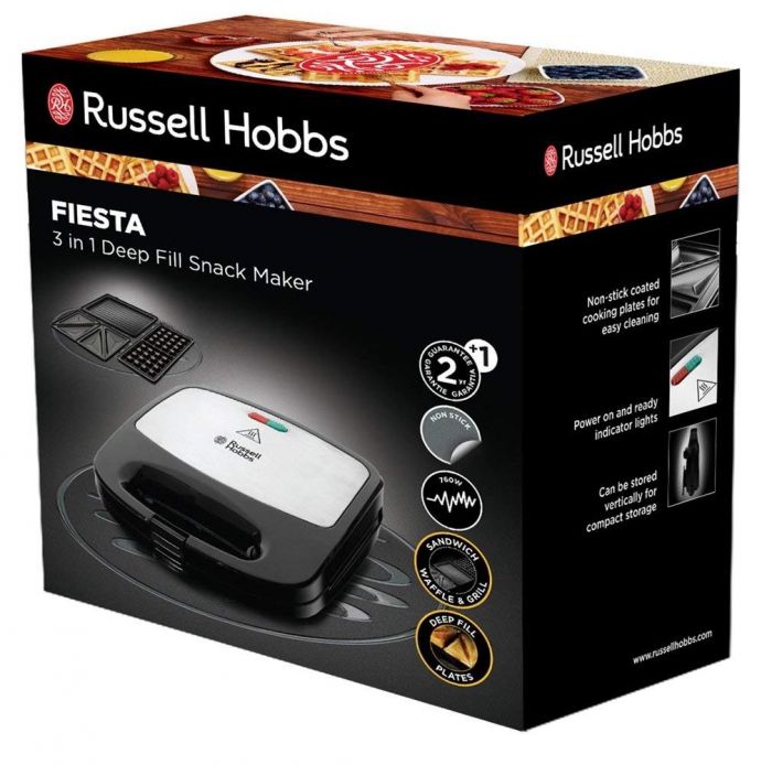 Мультимейкер Russell Hobbs Fiesta 750Вт, алюміній, 3 пластини, корпус-нержав.сталь/пластик, чорний