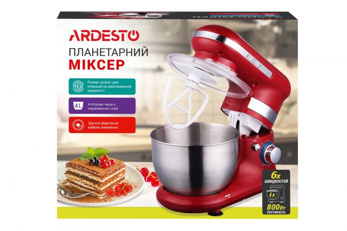 Міксер ARDESTO планетарний 800Вт, насадки-3, чаша-нерж., метал, 4л, Pulse-режим, жовтий