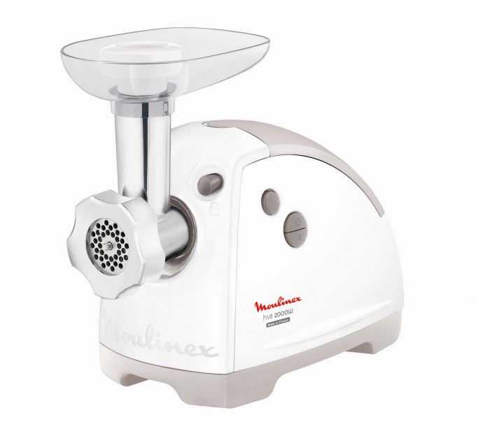 М'ясорубка Moulinex, 2000Вт, 2.6кг/хв, 2 решітки, насадка для ковбас, кеббе, томатів, 5 терок, пластик, біло-сірий
