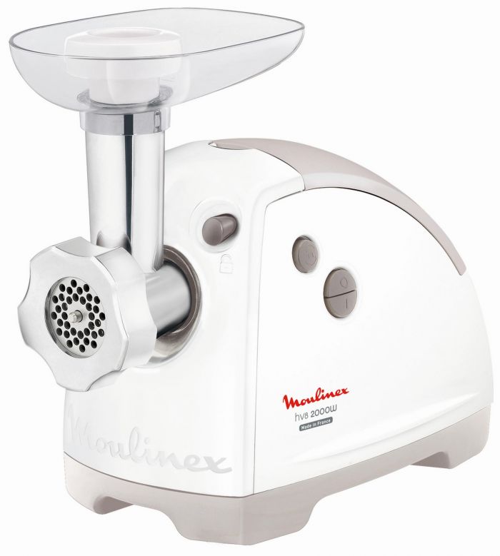 М'ясорубка Moulinex, 2000Вт, 2.6кг/хв, 2 решітки, насадка для ковбас, кеббе, томатів, 5 терок, пластик, біло-сірий