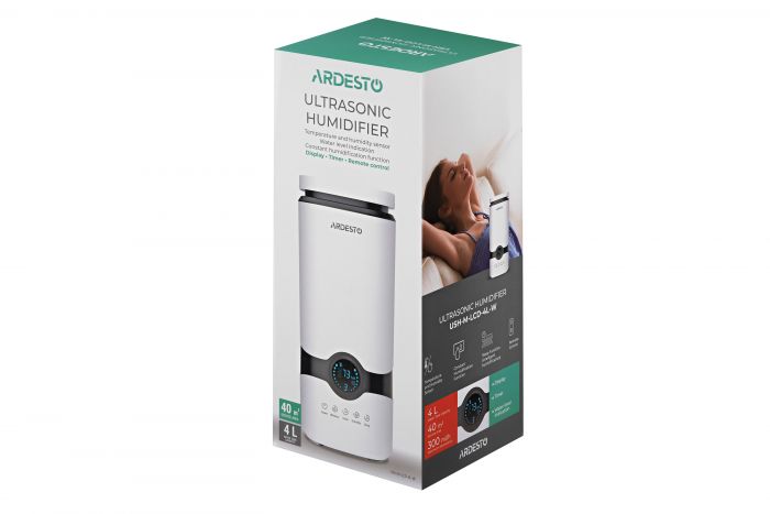 Зволожувач повітря ARDESTO USH-M-LCD-4L-W ультразвуковий, 40м2, 4л, 300мл/г, електр. кер-ння, пульт ДК, верх. залив води, білий