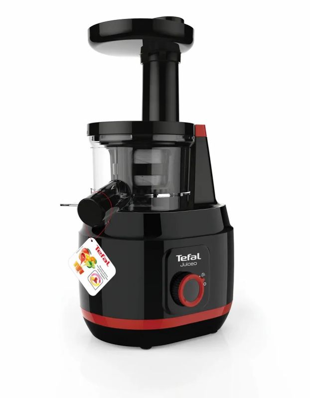Соковитискач Tefal Juiceo шнековий 150Вт, чаша-0.8л, жмих-0.8л, насадка для цитрусових, пластик, червоно-чорний