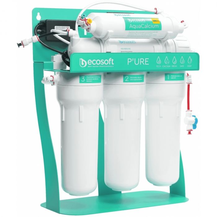 Фільтр зворотного осмосу Ecosoft P'URE AquaCalcium Mint з помпою на станині, мембрана 75gpd DuPont, картридж AquaCalcium збагачує мінералами, дренаж 1:1