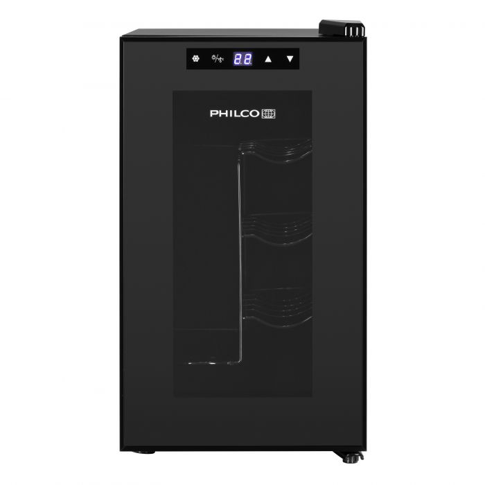 Холодильник Philco для вина, 45х25х50, холод.відд.-21л, зон - 1, бут-8, диспл, підсвітка, металеві полиці, чорний