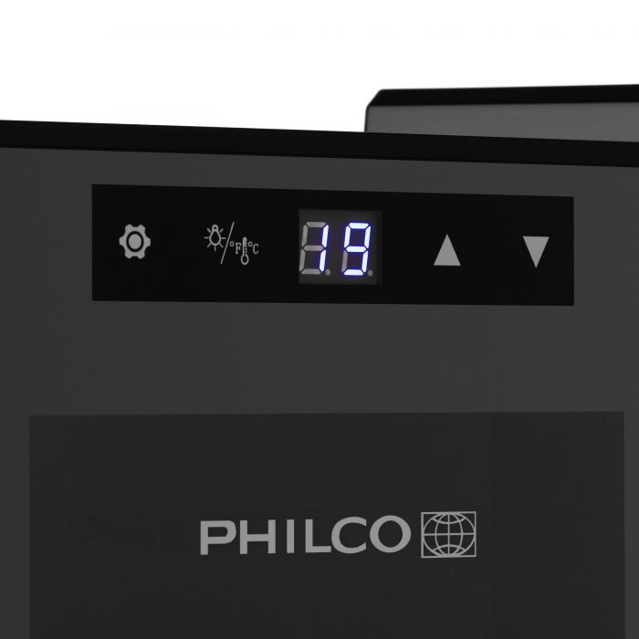 Холодильник Philco для вина, 45х25х50, холод.відд.-21л, зон - 1, бут-8, диспл, підсвітка, металеві полиці, чорний