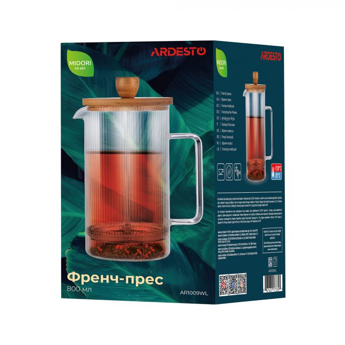 Френч-прес Ardesto Midori, 800мл, боросилікатне скло, бамбук, прозорий