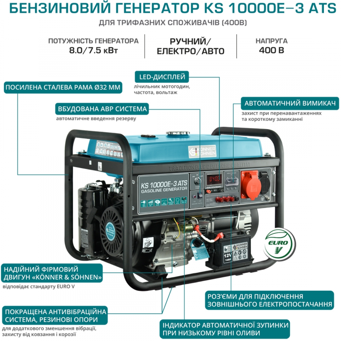 Генератор бензиновий Konner&Sohnen  KS 10000E-3, 400В, 7.5кВт, 3 фази, АВР (ATS), електростартер,  89.2кг