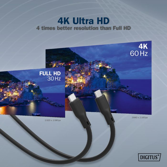 Кабель USB-C заряджання/синхронізації, DIGITUS, 2м, USB 3.2 Gen1, 5G, 100W, 4K, силіконовий, чорний