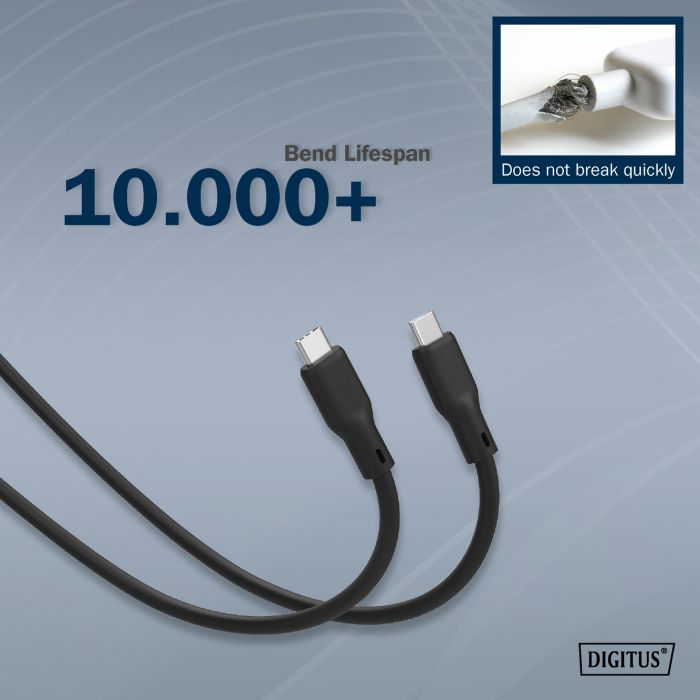 Кабель USB-C заряджання/синхронізації, DIGITUS, 2м, USB 3.2 Gen1, 5G, 100W, 4K, силіконовий, чорний