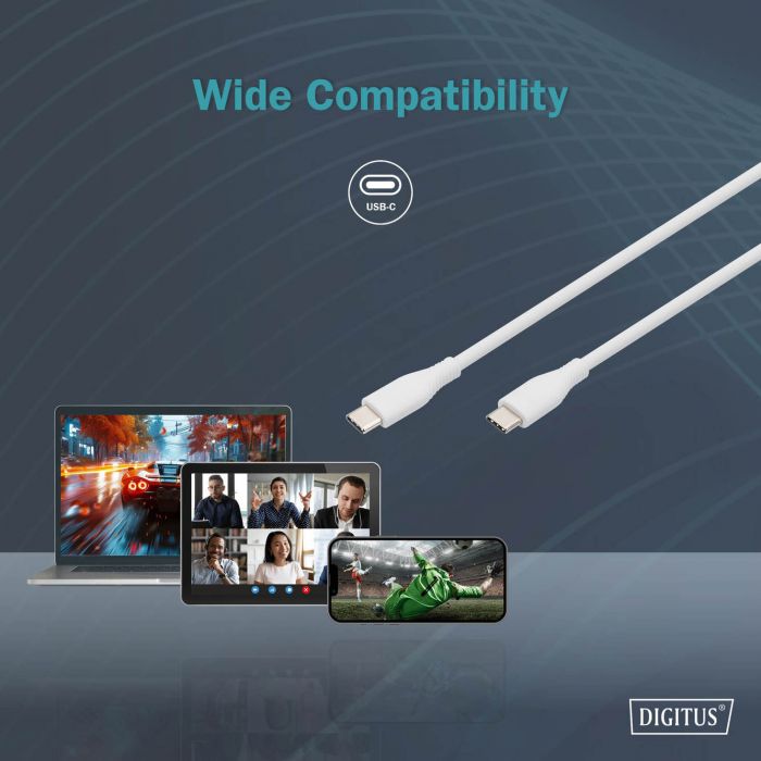 Кабель USB-C > USB-C заряджання/синхронізації, DIGITUS, 2м, USB 2.0, 60W, силіконовий, білий