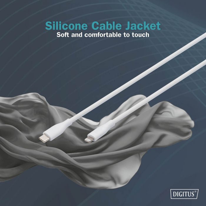 Кабель USB-C > Lightning заряджання/синхронізації, DIGITUS, 2м, USB 2.0, 60W, силіконовий, білий