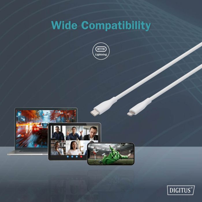 Кабель USB-C > Lightning заряджання/синхронізації, DIGITUS, 1м, USB 2.0, 60W, силіконовий, білий