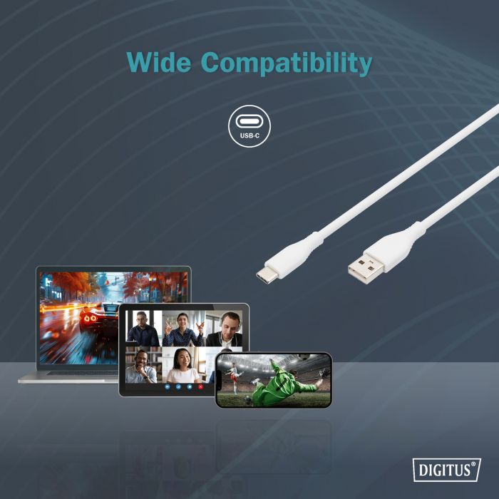 Кабель USB-A > USB-C заряджання/синхронізації, DIGITUS, 2м, USB 2.0, 60W, силіконовий, білий