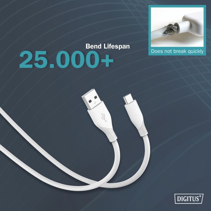 Кабель USB-A > USB-C заряджання/синхронізації, DIGITUS, 2м, USB 2.0, 60W, силіконовий, білий