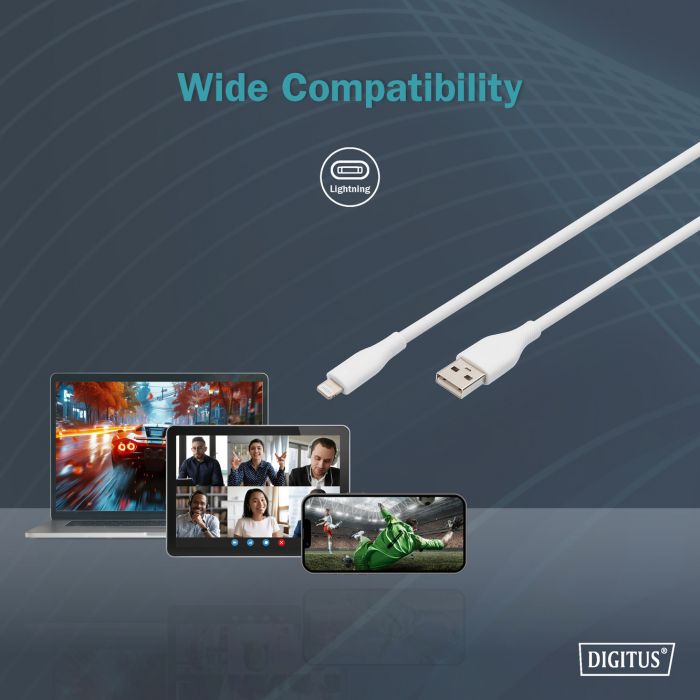 Кабель USB-A > Lightning заряджання/синхронізації, DIGITUS, 2м, USB 2.0, 12W, силіконовий, білий