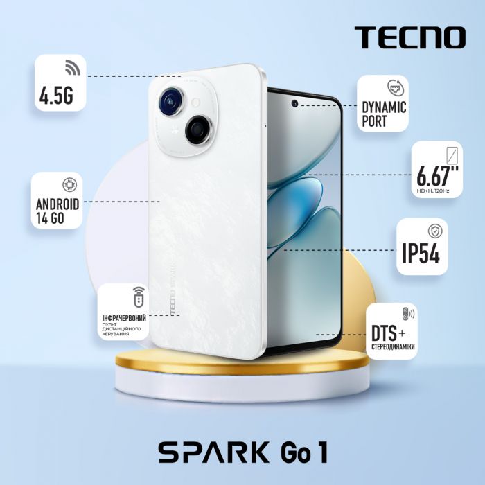 Смартфон TECNO Spark Go 1 (KL4) 6.67" 3/64ГБ, 2SIM, 5000мА•год, Glittery White