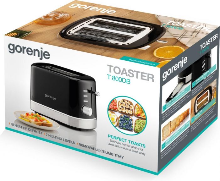 Тостер Gorenje 850Вт, підігрів, розморожування, пластик, чорний
