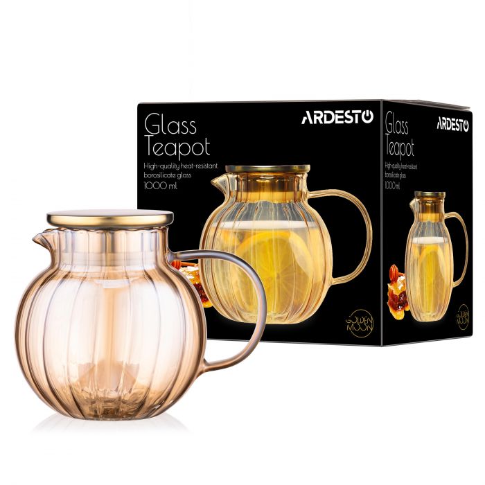Заварник ARDESTO Golden Moon 1000мл, боросилікатне скло, бамбук, золотистий