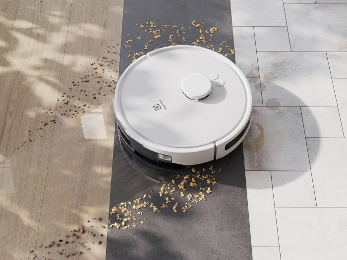 Робот-пилосос Electrolux, h=10см, вологе прибирання, конт пил -0.3л, вода -0.3л, автон. робота до 140хв, Wi-Fi, станція самоочищ., білий